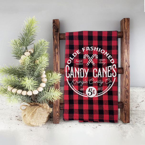 Christmas kringle candy co olde fashioned candy canes red buffalo plaid holiday tea towel