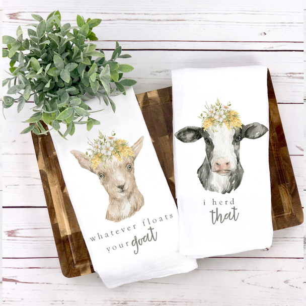 Spring cow and goat funny set of two tea towels