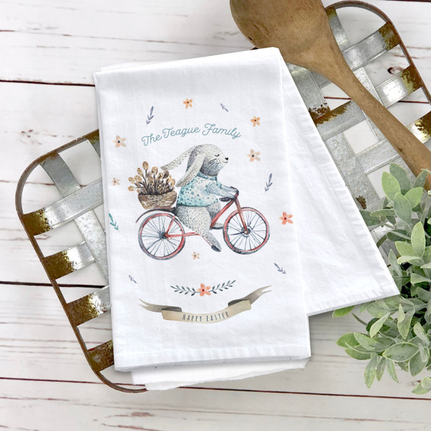 Happy Easter watercolor easter bunny cotton tea towel