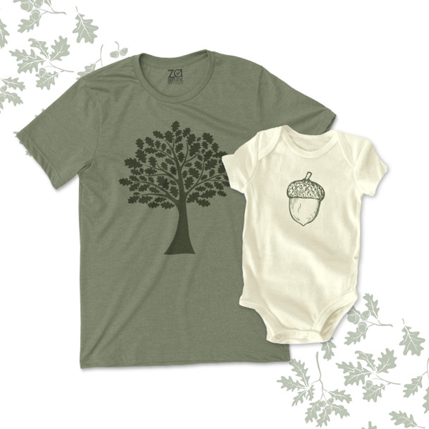 Oak tree acorn matching daddy and baby bodysuit or kid tshirt gift set