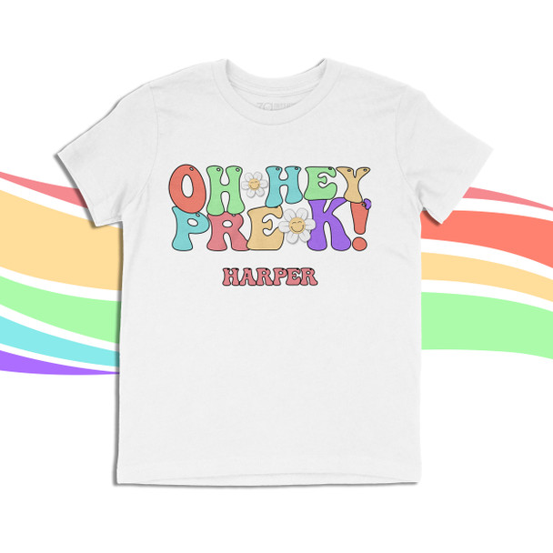 Oh hey pre-k or any grade girl retro groovy wavy font personalized Tshirt