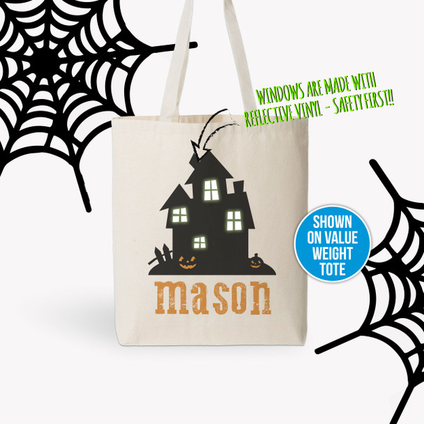 Halloween reflective haunted house personalized trick or treat tote bag