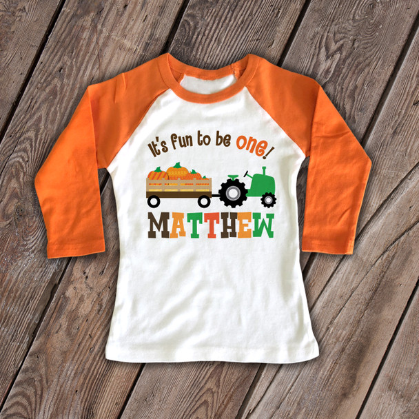 First birthday shirt childrens 1st birthday Fall tractor and pumpkin personalized raglan Tshirt