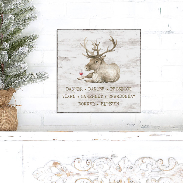 Christmas reindeer wine drinking funny white wash or gray wash wood sign