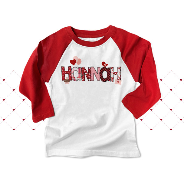 Valentine girl red and pink pattern name personalized raglan shirt