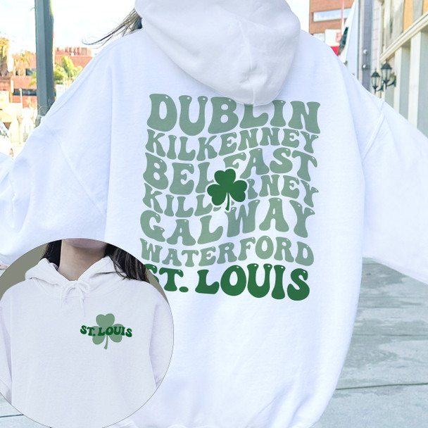 St. Patrick's Day retro wavy text Dublin Belfast Galway St. Louis front and back print adult hooded sweatshirt