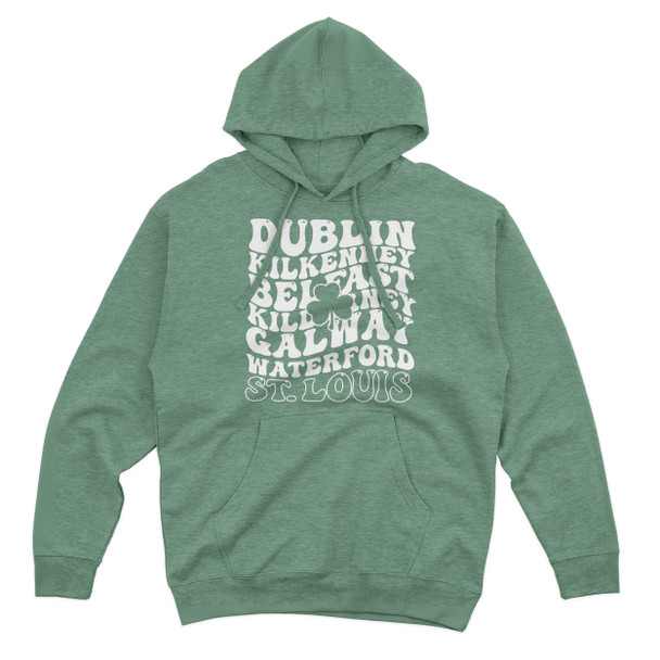 Retro St. Patrick's Day Dublin Belfast Galway St. Louis heather sport green adult hooded sweatshirt