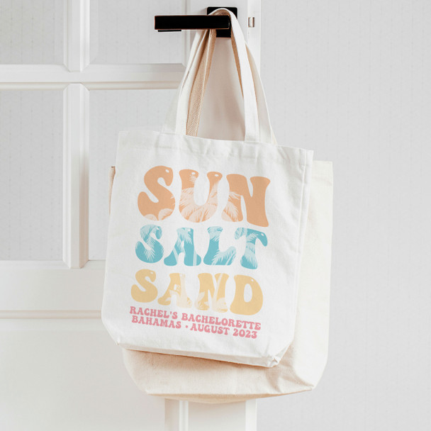 Bachelorette party sun salt sand beach theme personalized tote bag