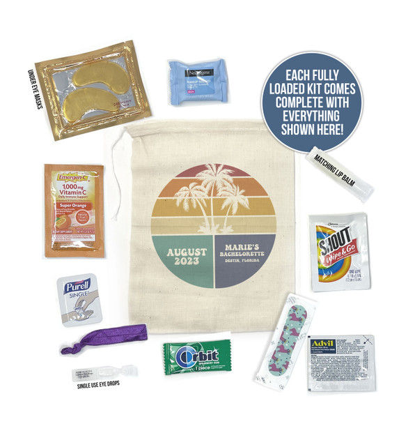 Tropical beach palm trees bachelorette party hangover recovery bag with content option