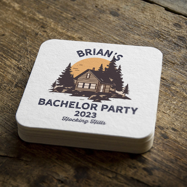 Bachelor party cabin in the woods personalized square pulpboard coasters
