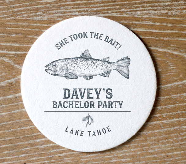 Bachelor party she took the bait personalized round pulpboard coasters