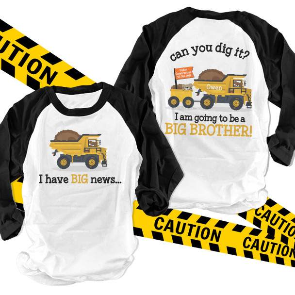 Big brother to be shirt big news dump truck pregnancy announcement raglan Tshirt