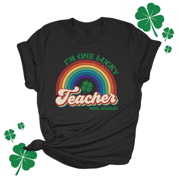 St. Patrick's Day one lucky teacher rainbow personalized white ink DARK Tshirt