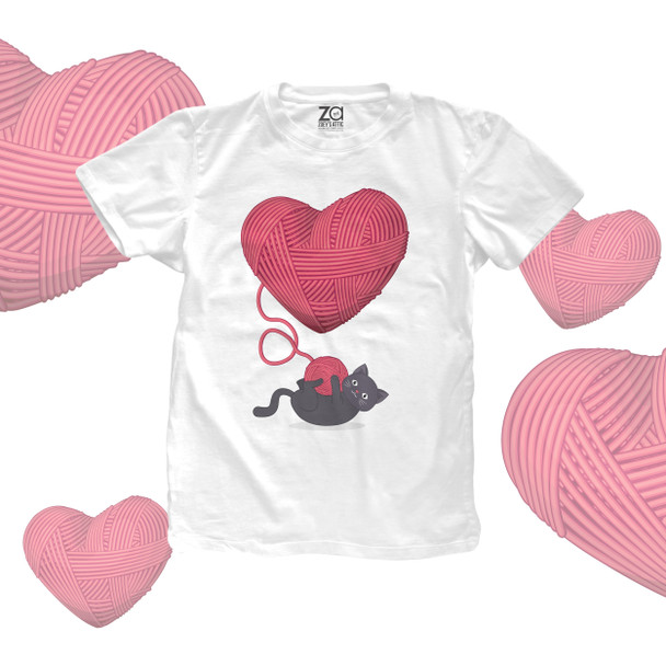 Valentine yarn heart kitten cat lover Tshirt