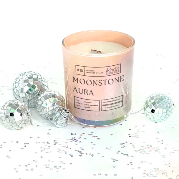Bejeweled moonstone aura taylor inspired wood wick vegan coconut wax candle