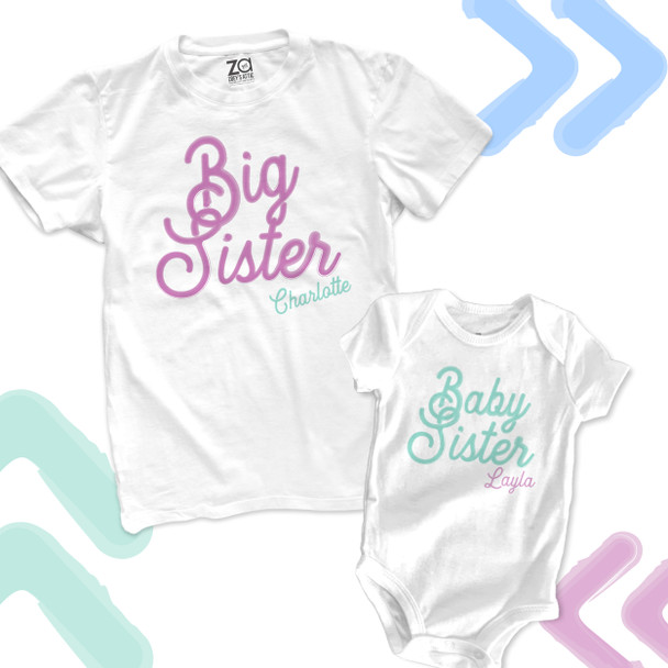 Brother or sister colorful watercolor cursive matching sibling shirt set