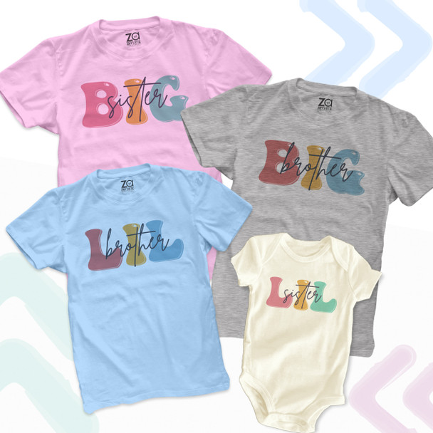 Brother or sister groovy font big lil four sibling Tshirt set