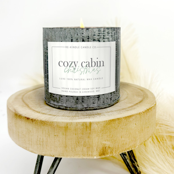 Christmas cozy cabin rustic tin holiday retreat scented luxury vegan candle
