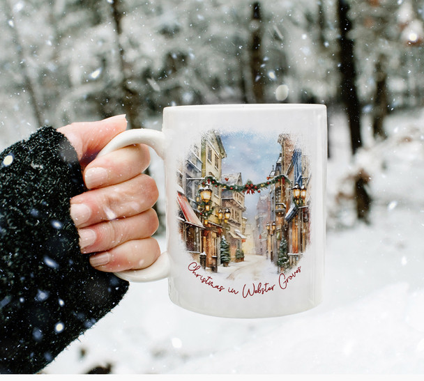 Christmas holiday snowy street scene personalized coffee mug