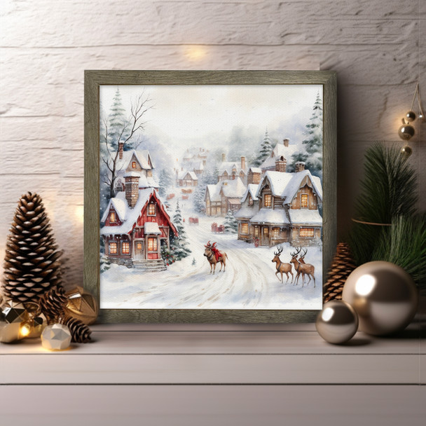 Vintage holiday village snowy framed canvas wall art print sign