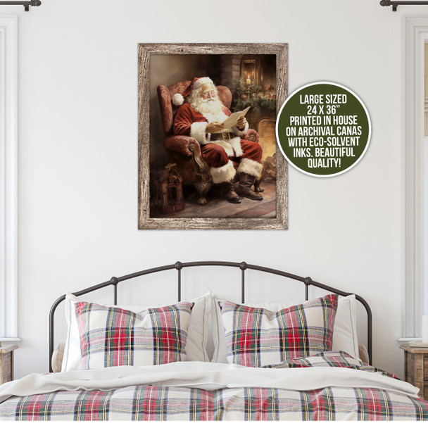  Vintage santa seated by cozy fireplace with christmas storybook print framed high quality canvas wall art print multiple frame size options
