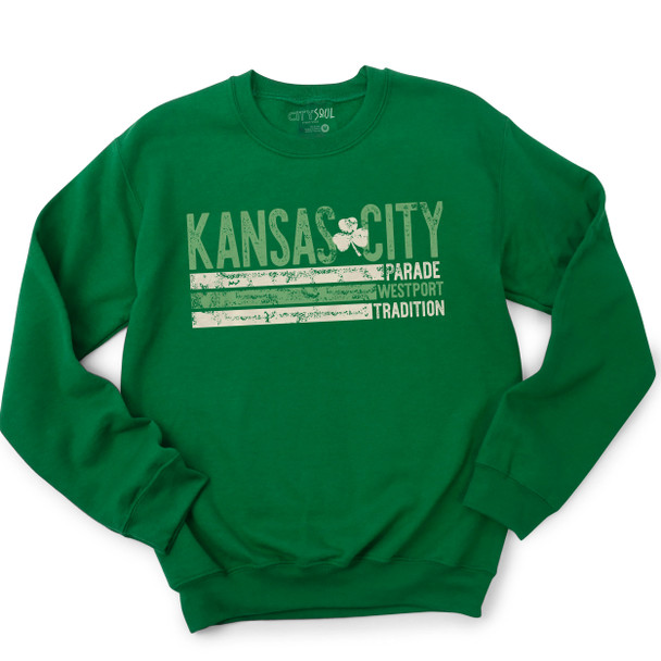 Kansas City St. Patrick's Day parade westport tradition green crew neck sweatshirt