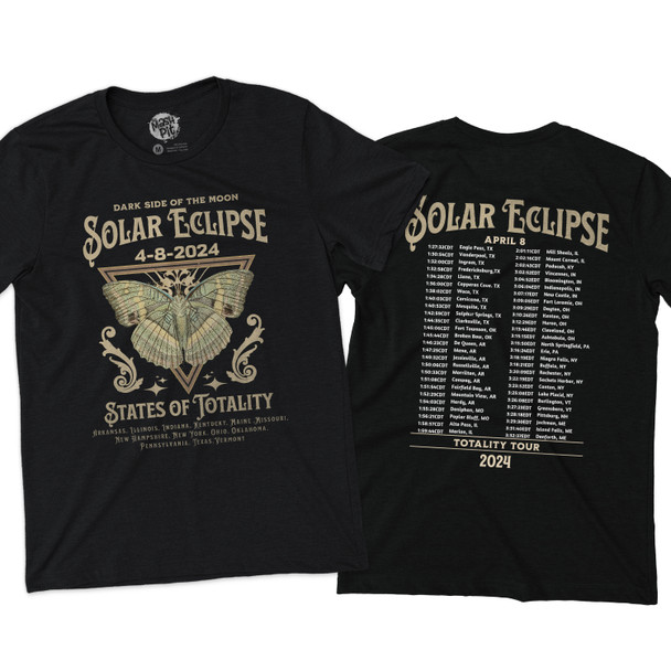Solar eclipse 2024 states of totality concert style cities listing front and back print Tshirt