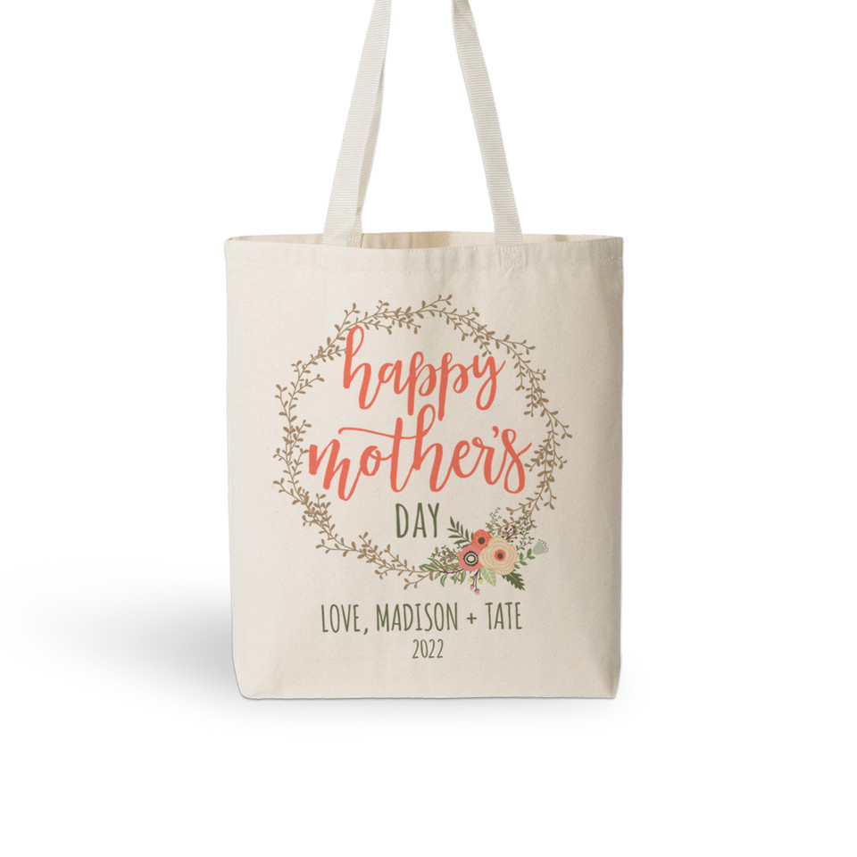 1st mothers day tote bag, floral vine wreath mommy and baby mothers day bag