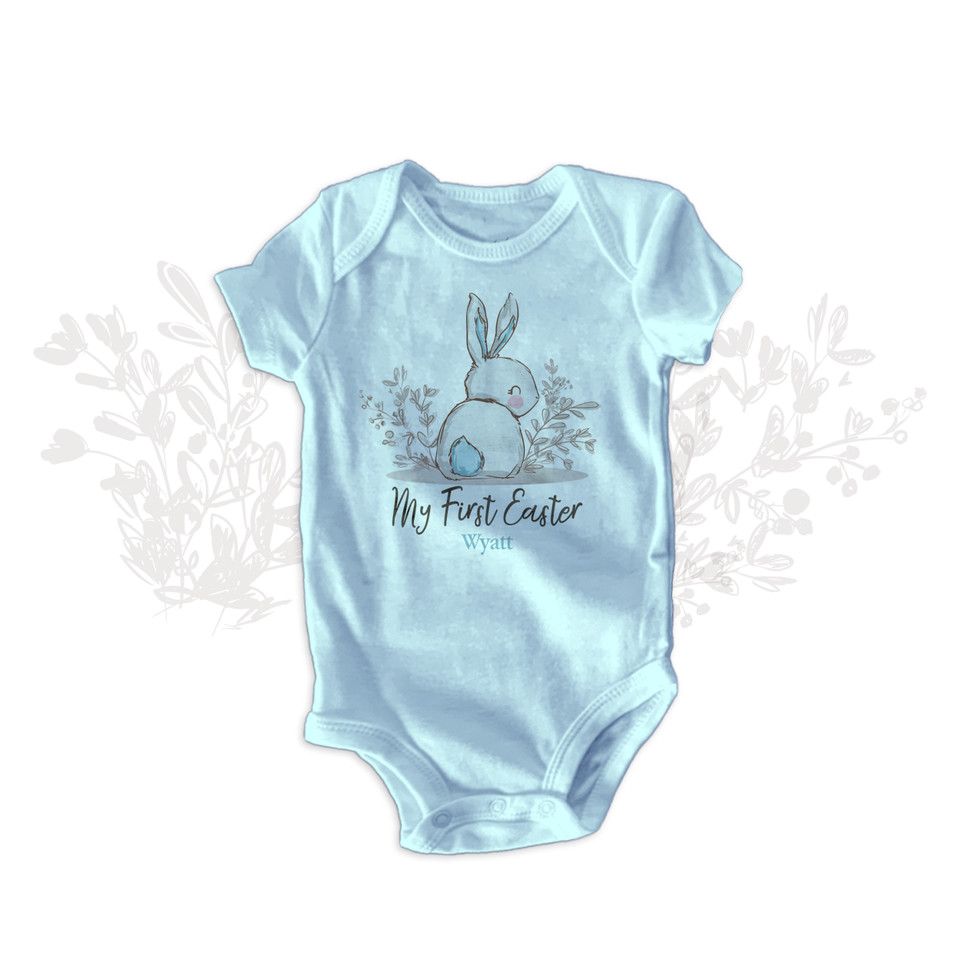 1st Easter bodysuit, blue cottontail bunny boy personalized shirt