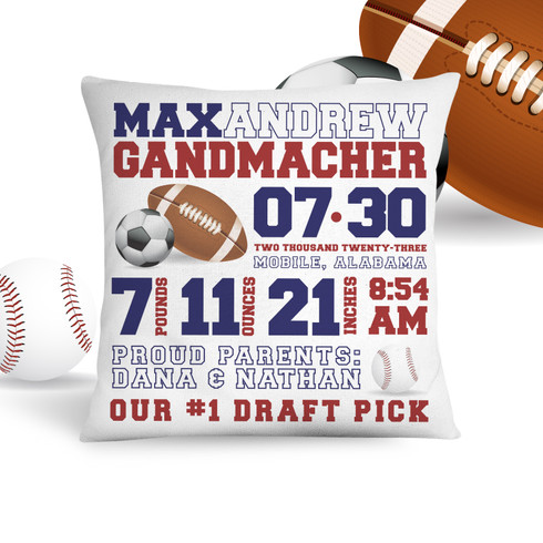 Birth announcement pillow sports football, soccer ball, baseball custom throw pillow with pillowcase