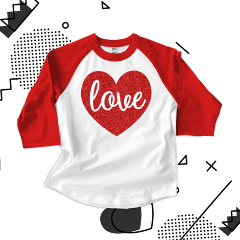 Valentine heart shirt, love glitter foil heart raglan shirt