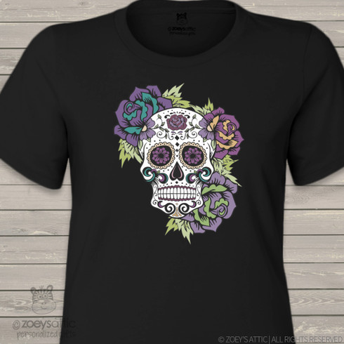 Ladies Sugar Skull Rhinestone Crew Neck T-Shirt