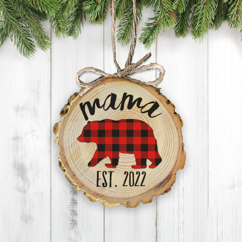 Christmas papa bear ornament, green plaid bear wood slice ornament