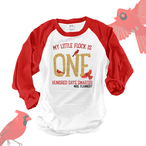 teacher shirt, cardinal red bird glitter vinyl 100 days smarter adult  raglan shirt