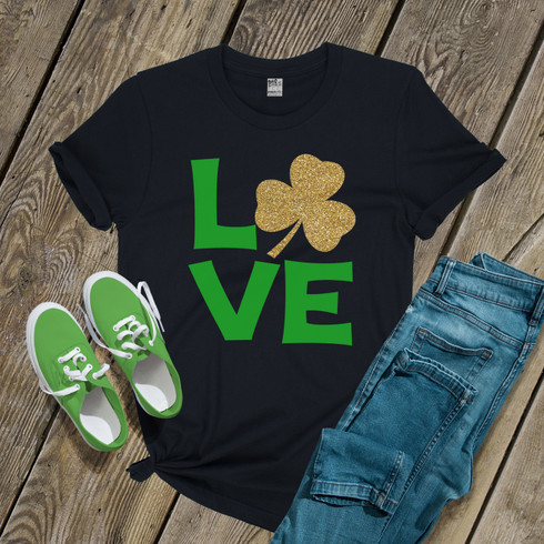 st patricks day shirt, love dark tshirt with glitter or foil shamrock