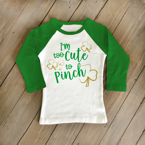 kids st patrick shirt, shamrock too cute to pinch raglan shirt