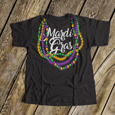 mardi gras infant bodysuit, colorful beads mardi gras dark shirt