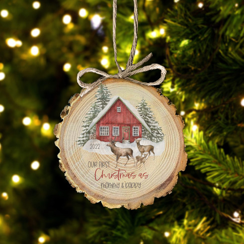 Reindeer first christmas as mommy & daddy snowy farmhouse wood slice  ornament