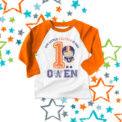 All-star football birthday boy first birthday or any age raglan shirt