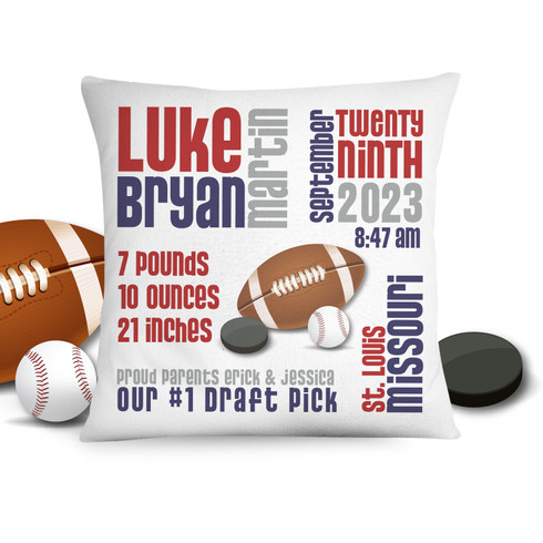 Birth announcement pillow sports football, baseball, hockey puck custom throw pillowcase pillow
