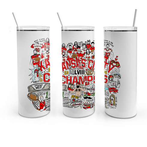 Kansas City Super Bowl LVIII champs hand drawn KC football moments 2023 2024 souvenir tumbler or can cooler