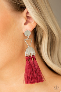 A shimmery silver disc, airy silver triangle, and shimmery half-moon frame link into a geometric lure. Three red or blue threaded tassels swing from the bottom of the stacked frame for a trendy finish. Earring attaches to a standard post fitting.
Sold as one pair of post earrings. A shimmery silver disc, airy silver triangle, and shimmery half-moon frame link into a geometric lure. Three red or blue threaded tassels swing from the bottom of the stacked frame for a trendy finish. Earring attaches to a standard post fitting.
Sold as one pair of post earrings.
