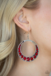 Gradually increasing in size at the center, a row of fiery red rhinestones is encrusted along the bottom of a studded silver hoop for a radiant look. Earring attaches to a standard fishhook fitting.

Sold as one pair of earrings.