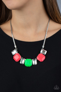 Neon pink and green beads connect with exaggerated emerald style white rhinestones, creating vivacious sparkle below the collar. Features an adjustable clasp closure.
Sold as one individual necklace. Includes one pair of matching earrings. Neon pink and green beads connect with exaggerated emerald style white rhinestones, creating vivacious sparkle below the collar. Features an adjustable clasp closure.
Sold as one individual necklace. Includes one pair of matching earrings.
