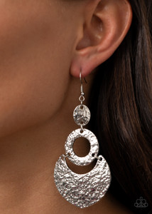 Hammered and embossed in shimmery textures, oval, hoop, and crescent silver frames link into a blinding lure. Earring attaches to a standard fishhook fitting.

Sold as one pair of earrings.