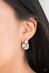 Infused with a dainty white pearl, mismatched white rhinestones coalesce into a glittery frame. Earring attaches to a standard post fitting.

Sold as one pair of post earrings.