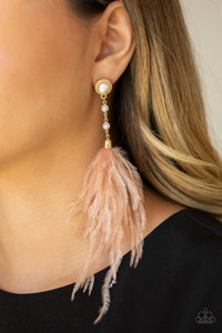 A plume of soft feathers flares out from the bottom of linked pearl-dotted gold frames for a refined flair. Earring attaches to a standard post fitting.

Sold as one pair of post earrings.