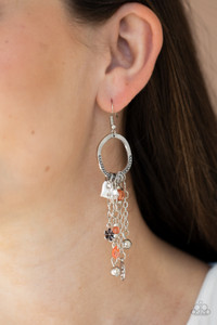 Featuring heart and floral shapes, a flirty collection of silver charms, glassy orange beads, and dainty silver chain links cascade from the bottom of a studded silver hoop, creating a whimsical fringe. Earring attaches to a standard fishhook fitting.
Sold as one pair of earrings. Featuring heart and floral shapes, a flirty collection of silver charms, glassy orange beads, and dainty silver chain links cascade from the bottom of a studded silver hoop, creating a whimsical fringe. Earring attaches to a standard fishhook fitting.
Sold as one pair of earrings.
