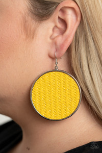 Shining Yellow  twine-like cording weaves across the front of an oversized silver disc for an earthy flair. Earring attaches to a standard fishhook fitting.
Sold as one pair of earrings. Shining Yellow  twine-like cording weaves across the front of an oversized silver disc for an earthy flair. Earring attaches to a standard fishhook fitting.
Sold as one pair of earrings.
