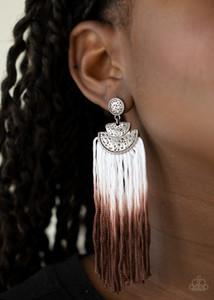 Gradually fading from white to brown, shiny cording streams from the bottom of hammered silver frames, creating a colorful fringe. Earring attaches to a standard post fitting.
Sold as one pair of post earrings. Gradually fading from white to brown, shiny cording streams from the bottom of hammered silver frames, creating a colorful fringe. Earring attaches to a standard post fitting.
Sold as one pair of post earrings.